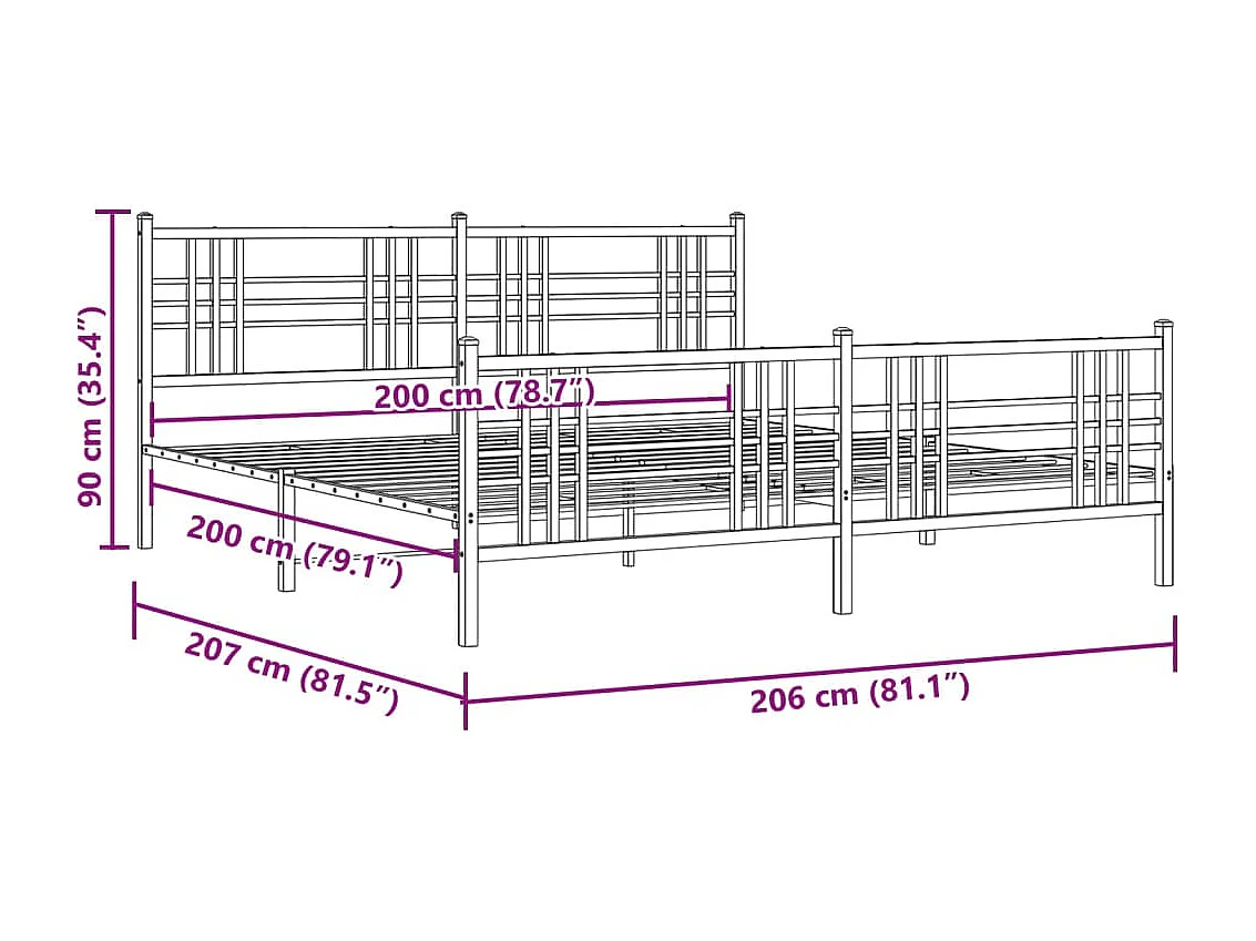 Cadre de lit métal sans matelas et pied de lit blanc 200x200 cm