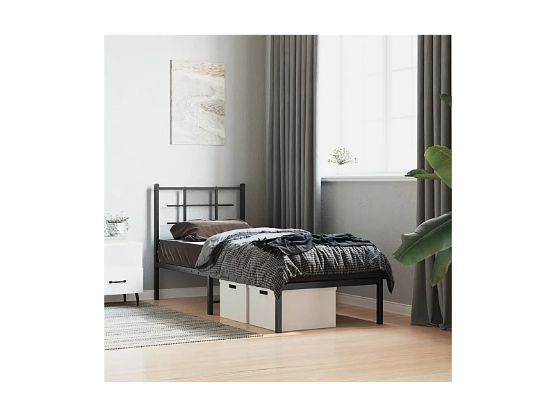 Cadre de lit métal sans matelas avec tête de lit noir 75x190 cm