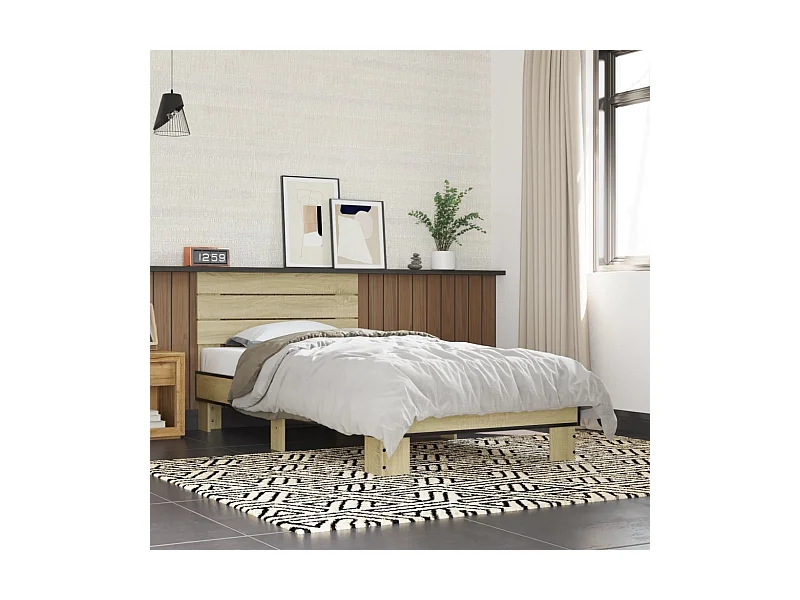 Estructura cama madera ingeniería metal roble Sonoma 75x190 cm