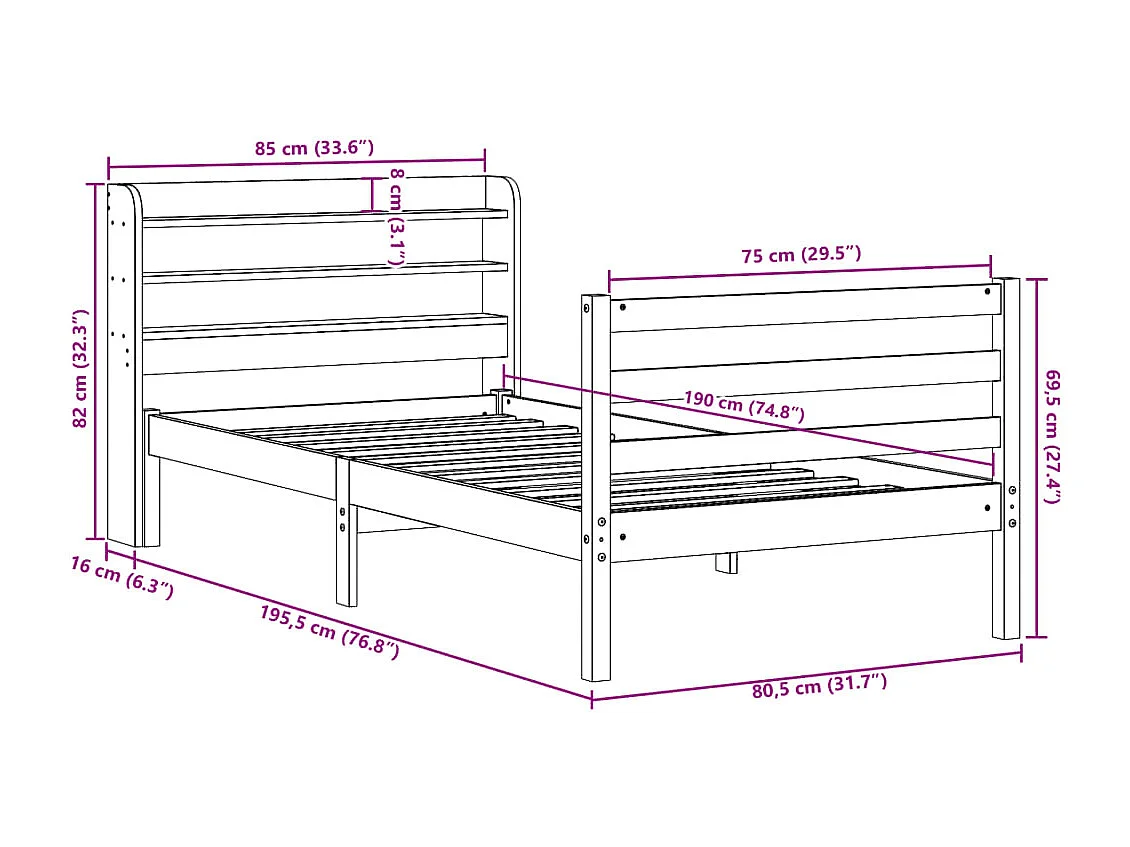 Cadre de lit avec tête de lit sans matelas 75x190 cm