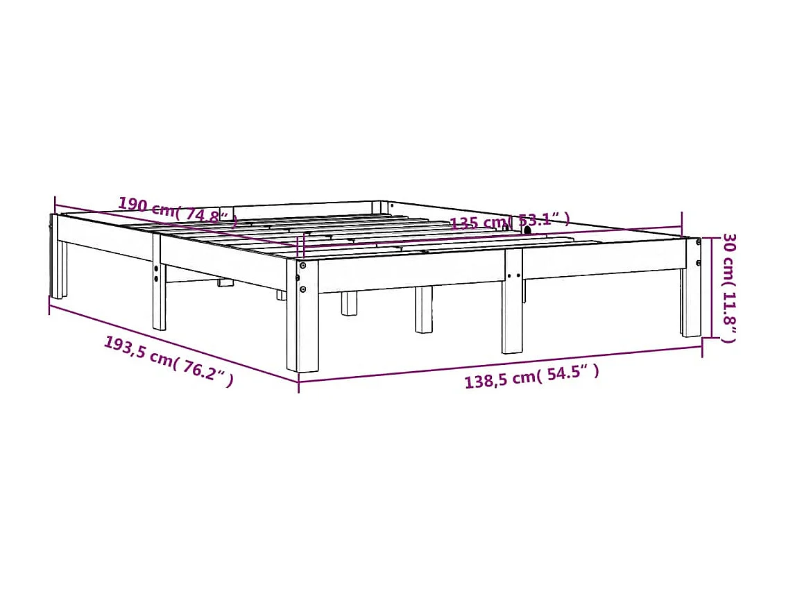 Cadre de lit sans matelas cire marron 135x190cm bois pin massif