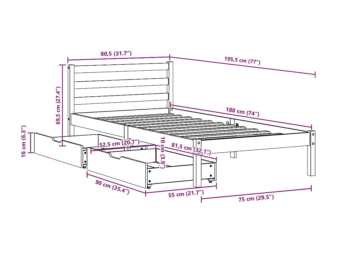 Cadre de lit métal sans matelas et pied de lit blanc 120x190 cm
