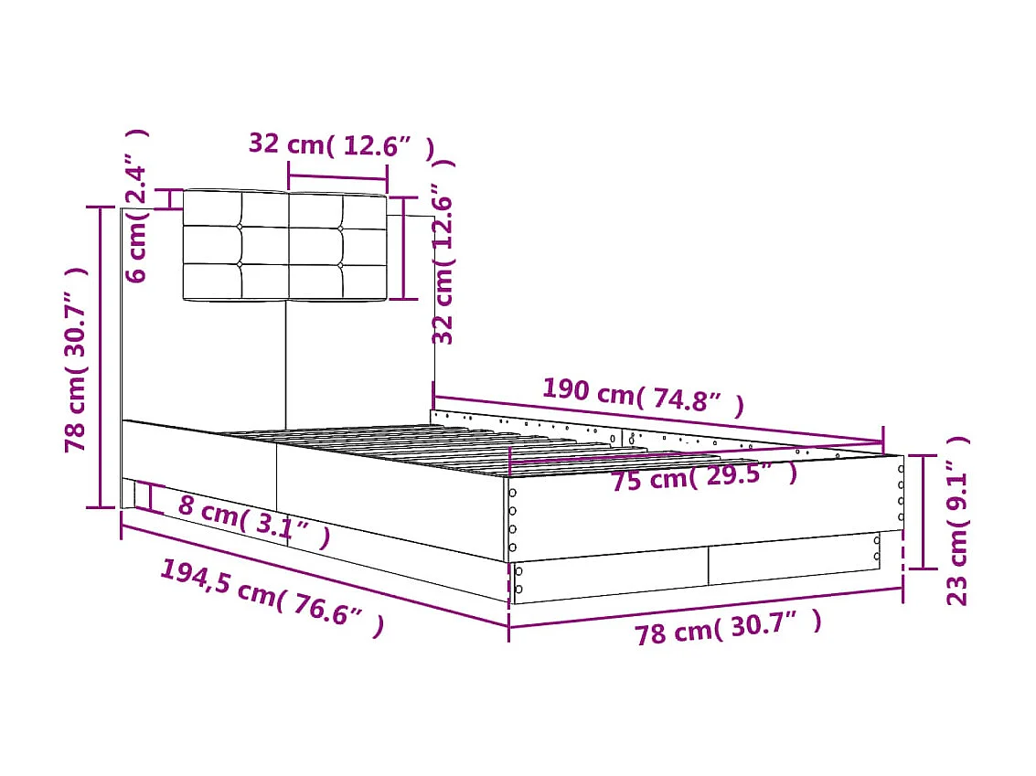 Cama con cabecero madera de ingeniería gris Sonoma 75x190 cm