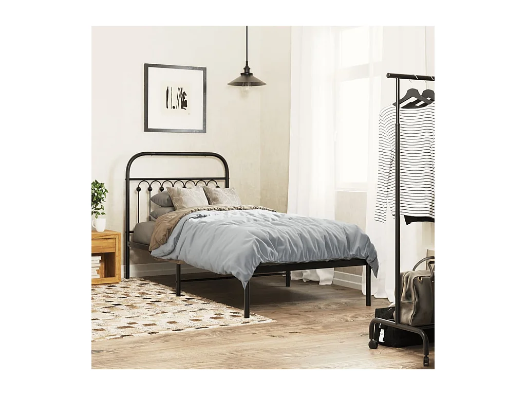 Cadre de lit métal sans matelas avec tête de lit noir 90x190 cm