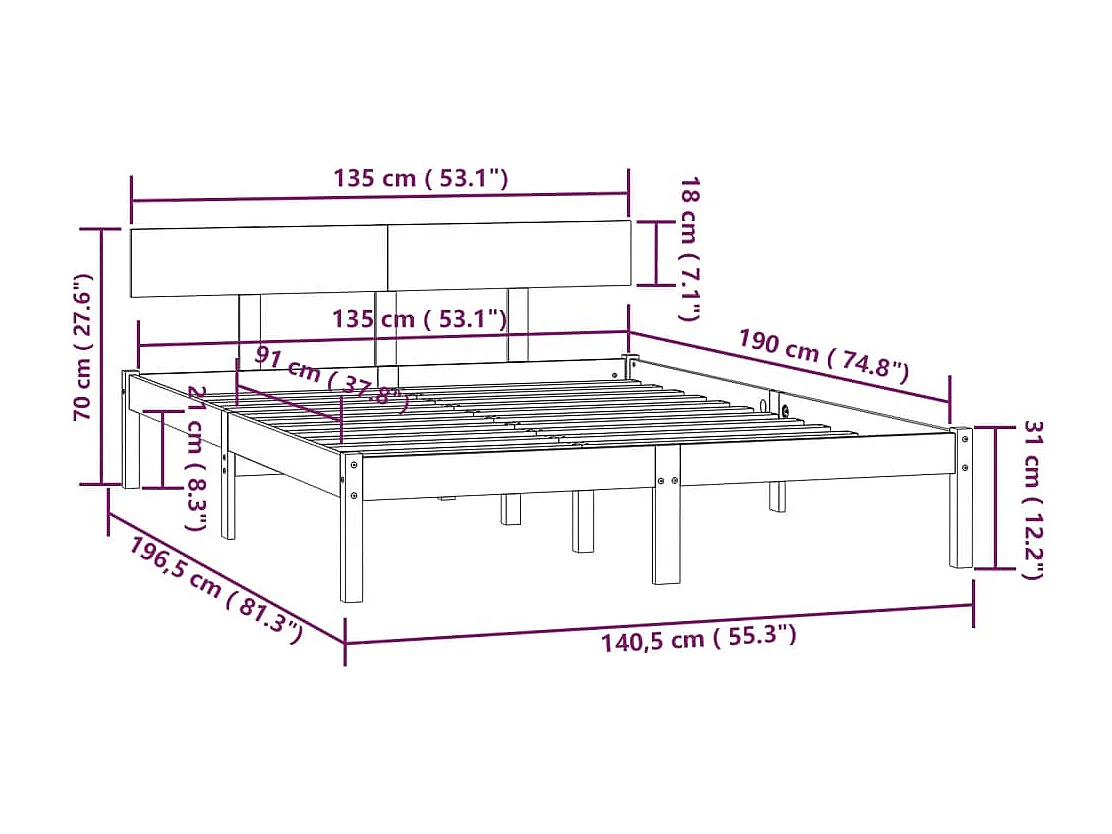 Cadre de lit sans matelas bois de pin massif