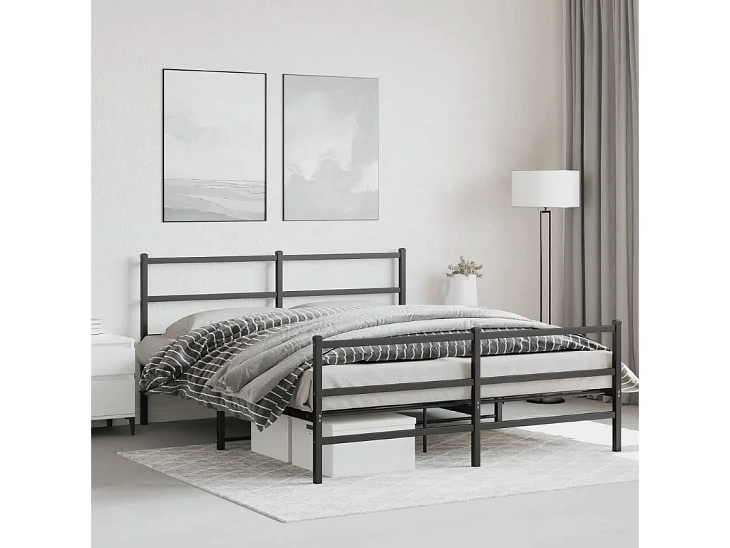 Cadre de lit métal sans matelas avec pied de lit noir 150x200cm