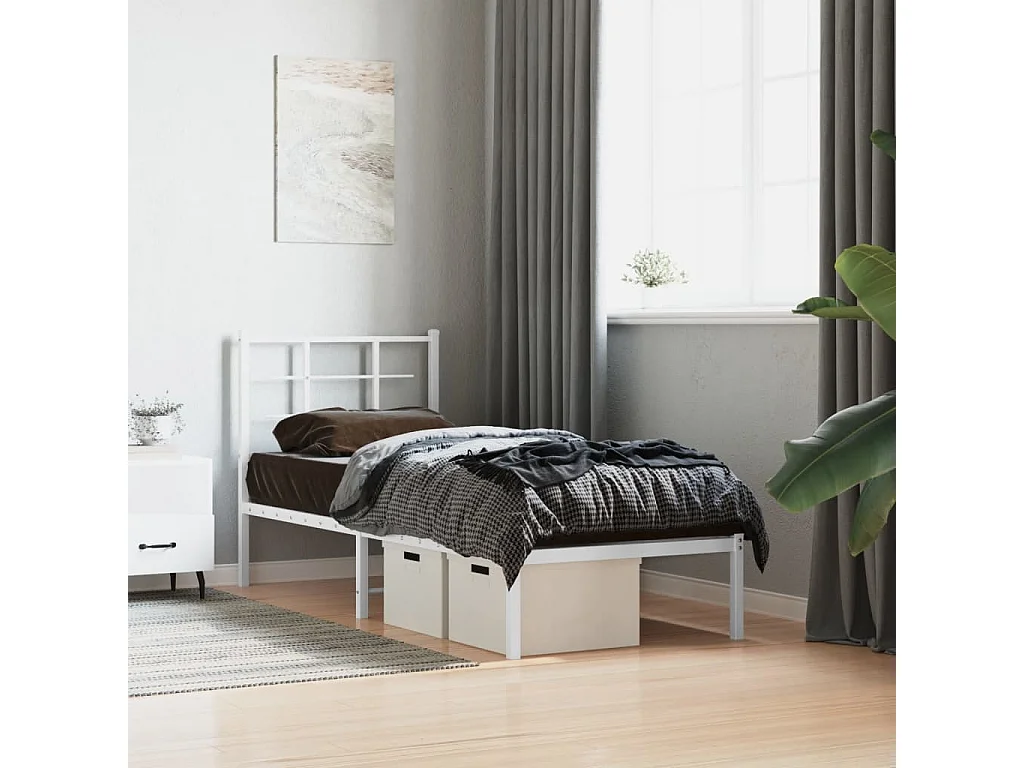 Cadre de lit métal sans matelas avec tête de lit blanc 80x200cm