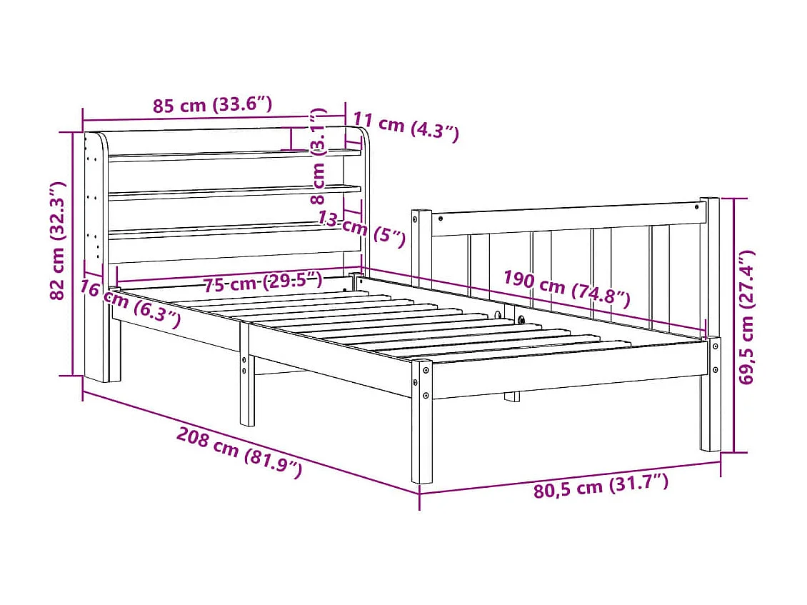 Cadre de lit sans matelas 75x190 cm bois de pin massif