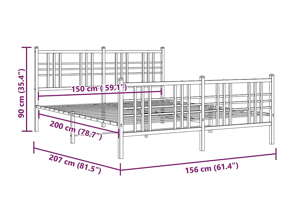 Cadre de lit métal sans matelas et pied de lit blanc 150x200 cm
