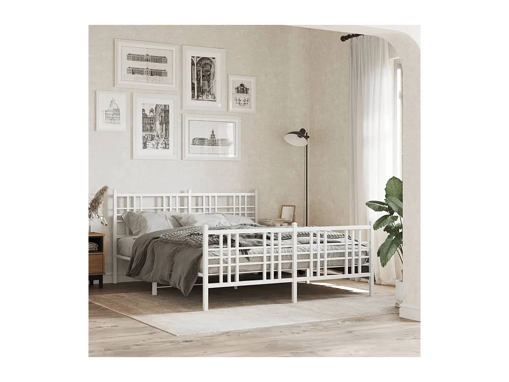 Cadre de lit métal sans matelas et pied de lit blanc 150x200 cm