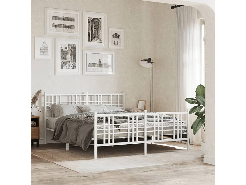 Cadre de lit métal sans matelas et pied de lit blanc 150x200 cm