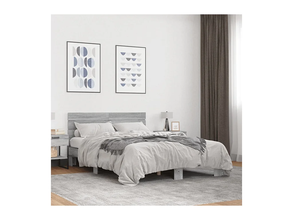 Bedframe bewerkt hout metaal grijs sonoma eiken 135x190 cm