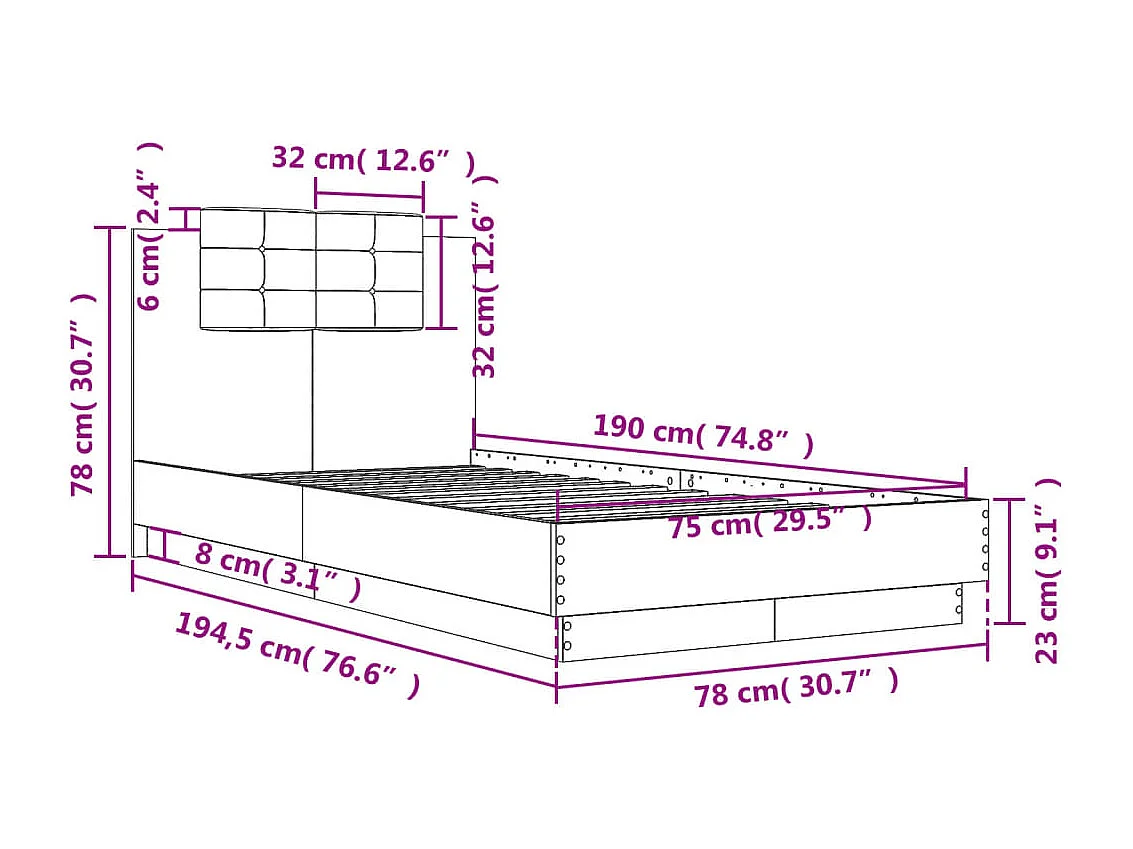 Cadre de lit sans matelas chêne sonoma 75x190 cm