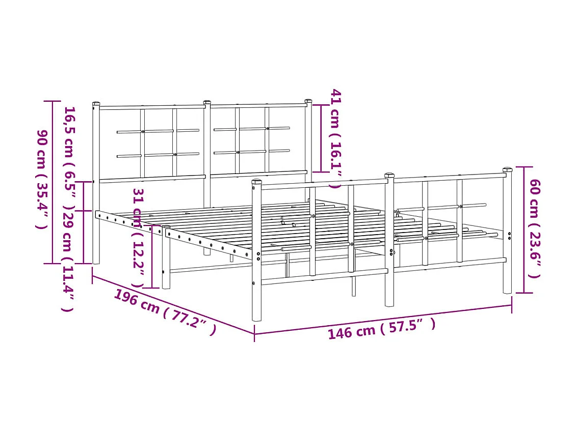 Cadre de lit métal sans matelas et pied de lit blanc 140x190 cm