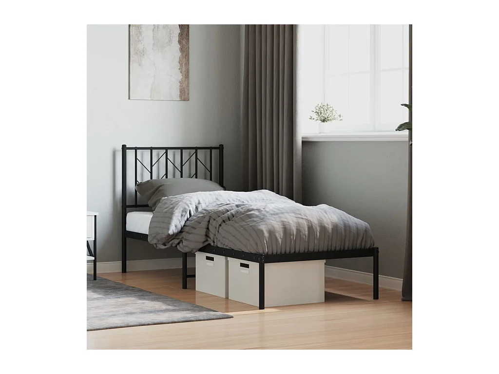 Cadre de lit métal sans matelas avec tête de lit noir 75x190 cm