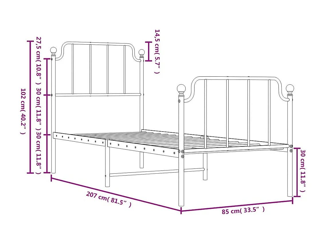 Giroletto con Testiera e Pediera Metallo Bianco 80x200 cm