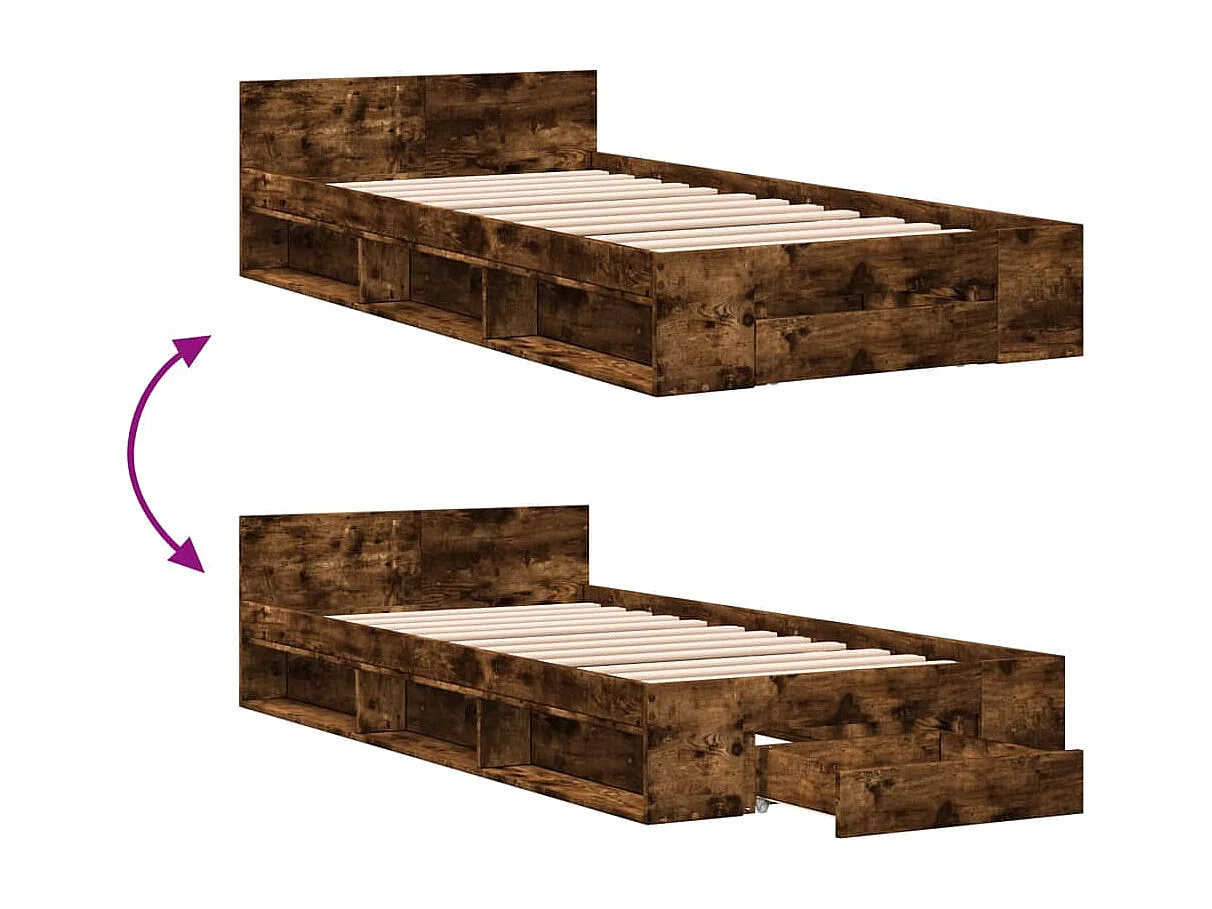 Cadre de lit avec tiroir sans matelas chêne fumé 90x190 cm