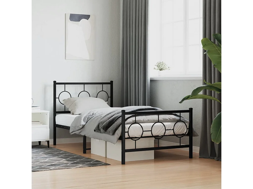 Cadre de lit métal sans matelas avec pied de lit noir 90x190 cm