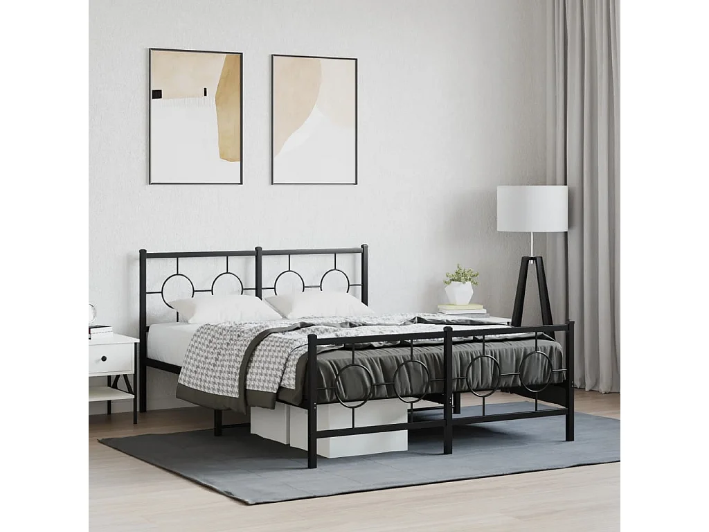 Cadre de lit métal sans matelas avec pied de lit noir 135x190cm
