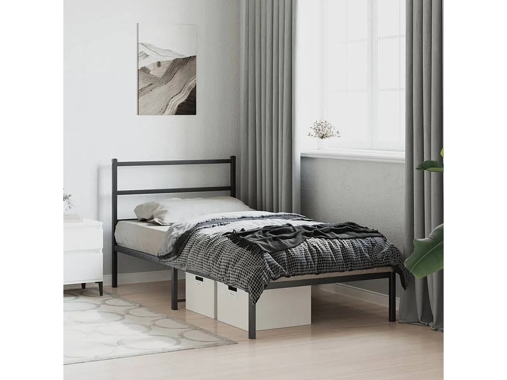 Cadre de lit métal sans matelas avec tête de lit noir 100x190cm