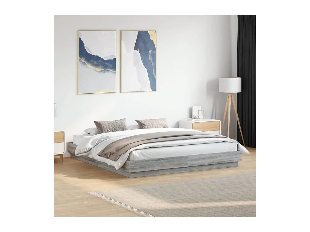 Estrutura de cama 200x200 cm derivados madeira cinzento sonoma