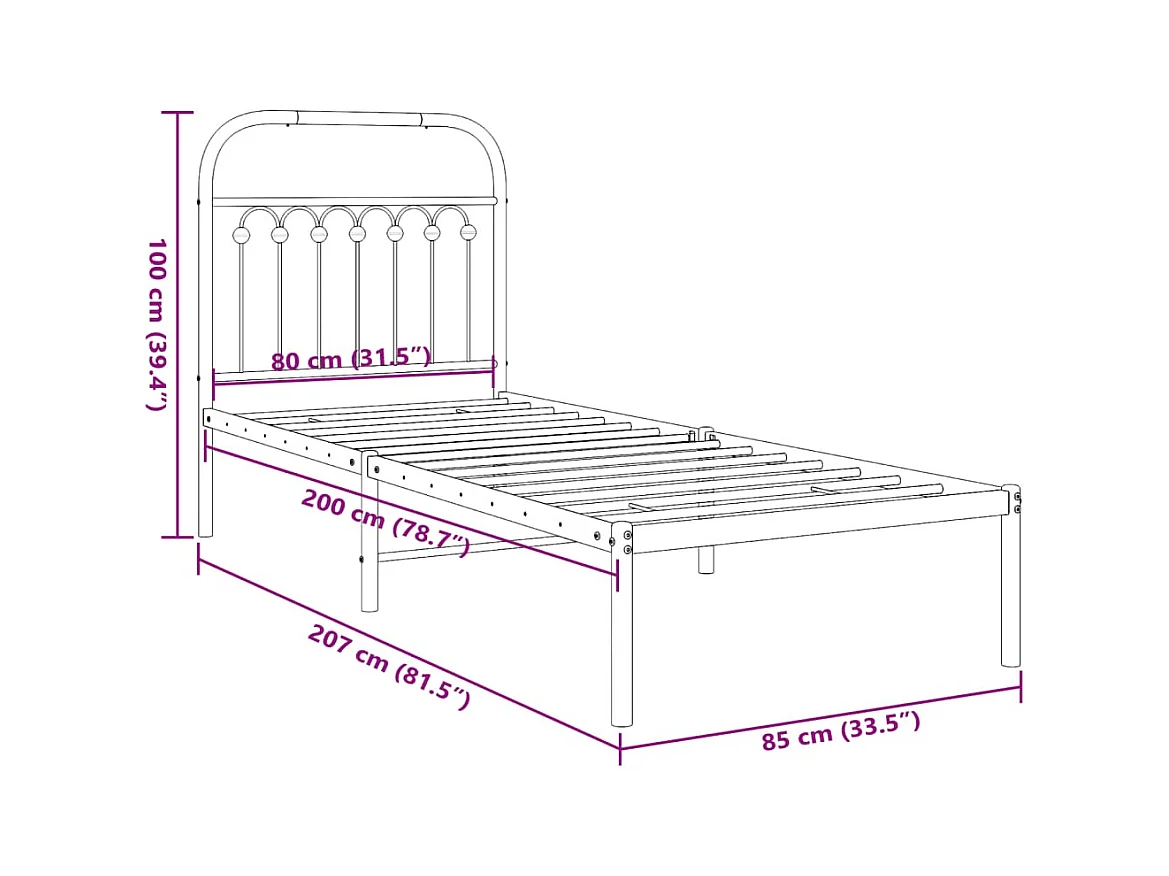 Cadre de lit métal sans matelas avec tête de lit blanc 80x200cm