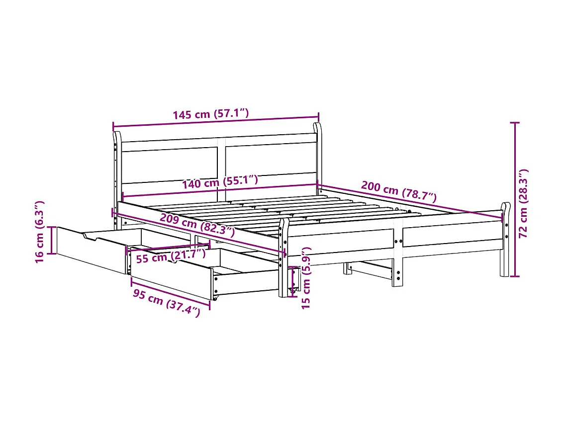 Cadre de lit métal sans matelas et pied de lit blanc 140x200 cm