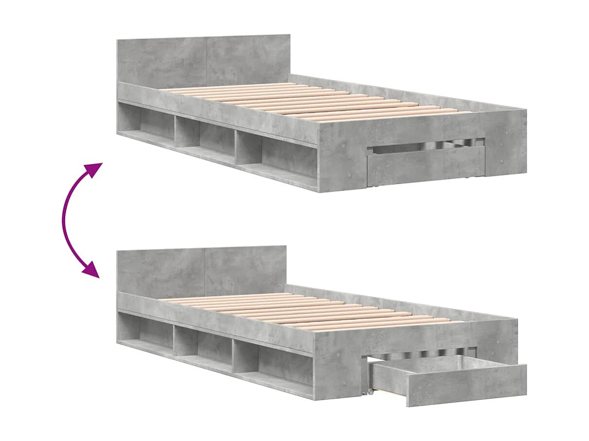 Cadre de lit avec tiroir sans matelas gris béton 90x190 cm