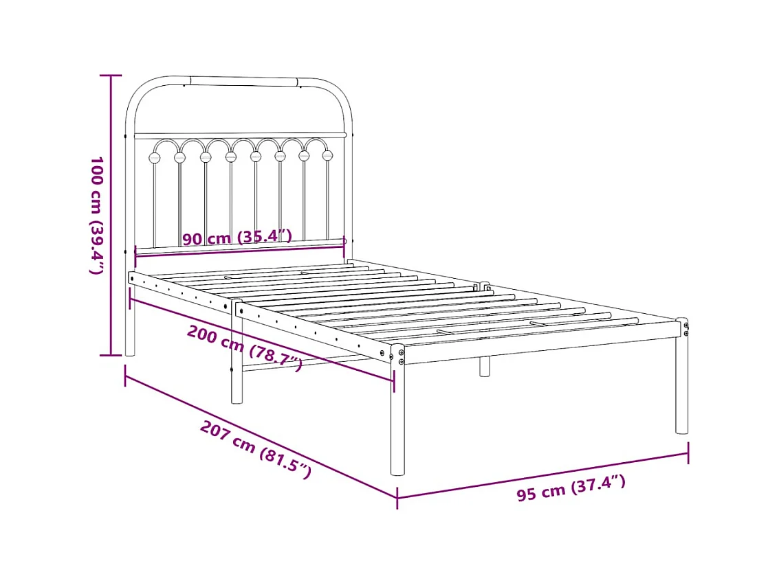Cadre de lit métal sans matelas avec tête de lit blanc 90x200cm