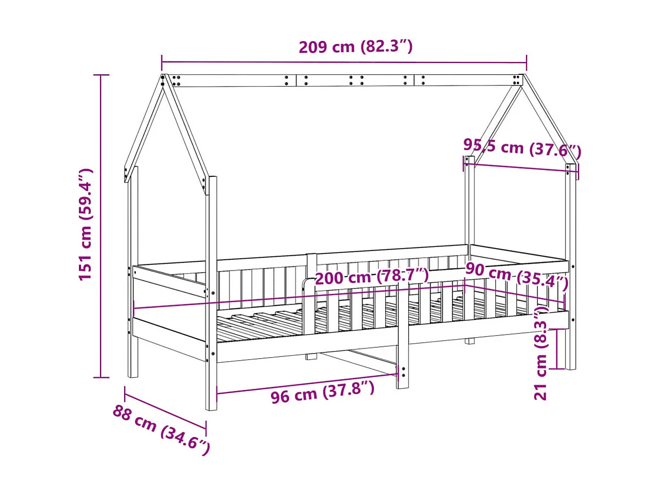 Cadre de lit d'enfants forme de maison sans matelas pin