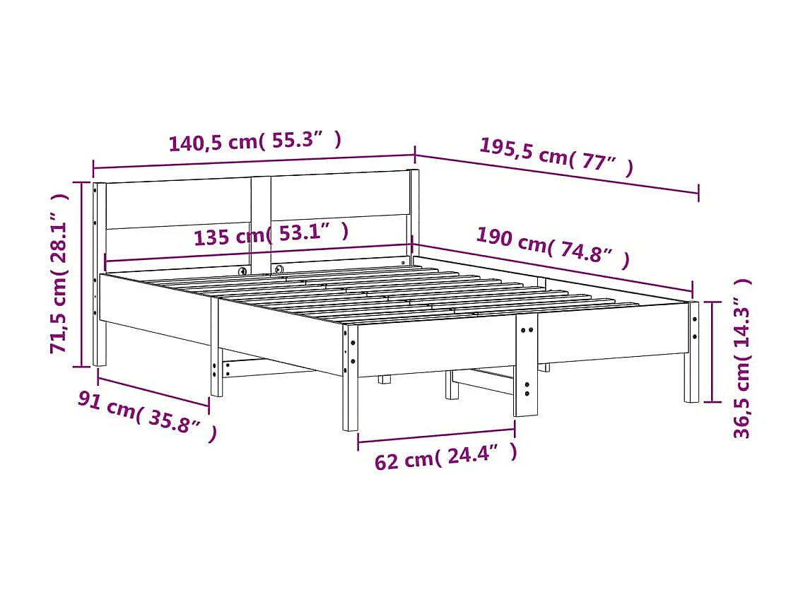 Cadre de lit sans matelas blanc 135x190 cm bois de pin massif