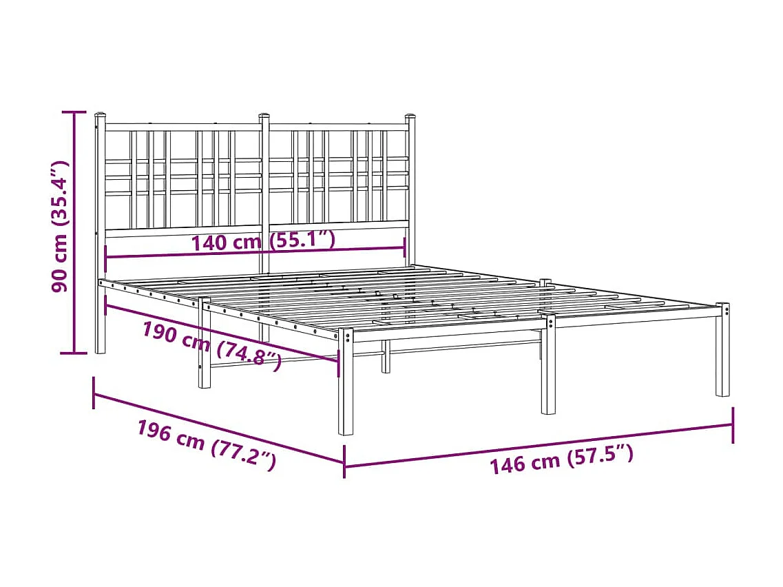 Cadre de lit métal sans matelas avec tête de lit noir 140x190cm