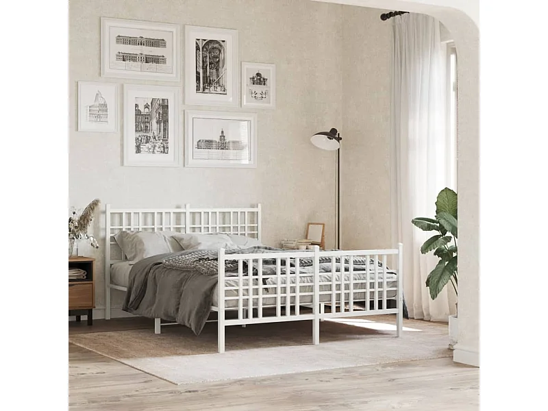 Cadre de lit métal sans matelas et pied de lit blanc 140x190 cm