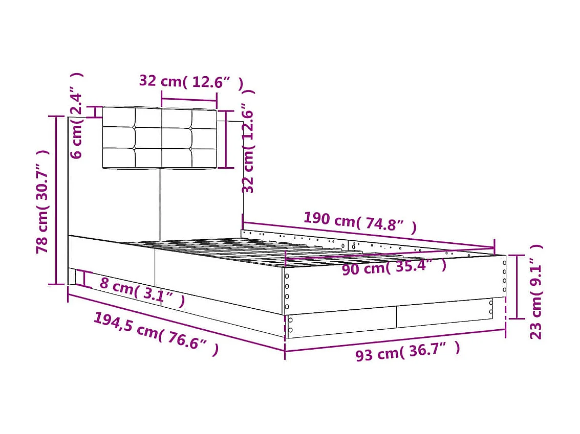 Estrutura de cama c/ cabeceira 90x190 cm deriv. madeira preto
