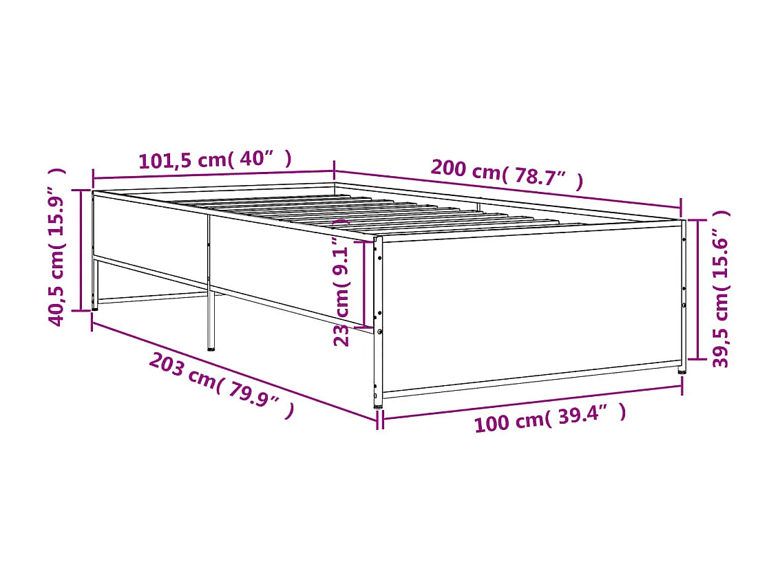 Bedframe bewerkt hout en metaal gerookt eikenkleurig 100x200 cm