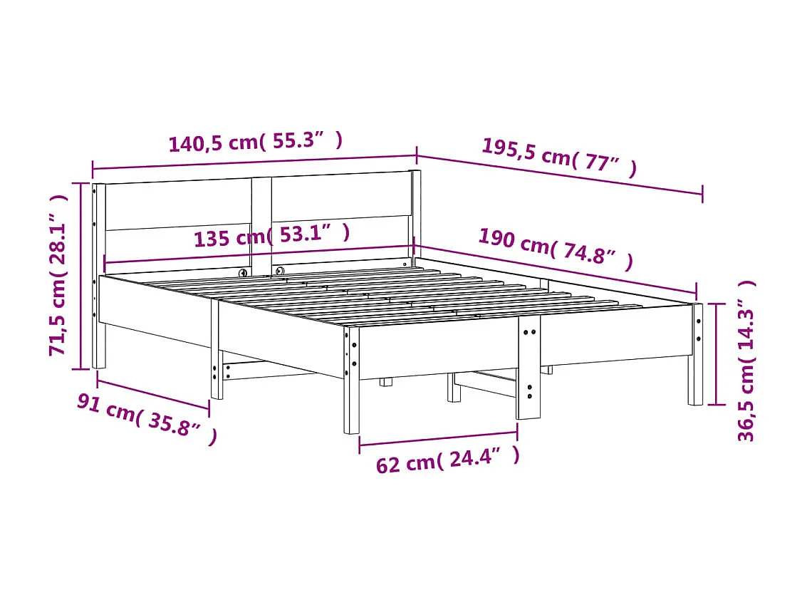 Letto senza Materasso Marrone Cera 135x190 cm in Legno di Pino