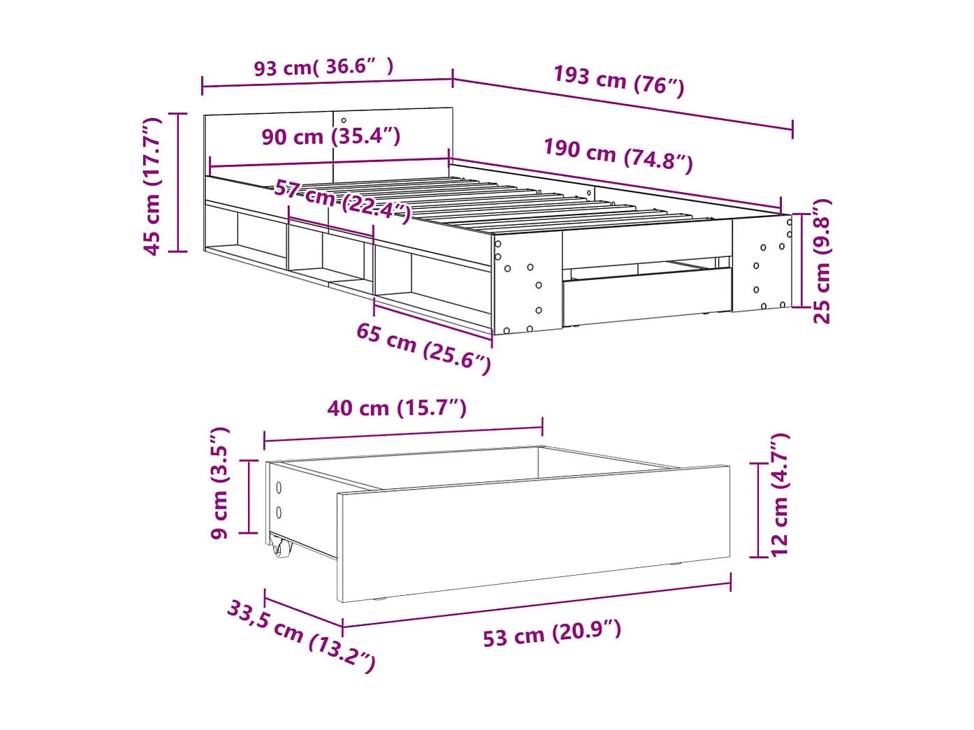 Cadre de lit sans matelas chêne fumé 120x190 cm