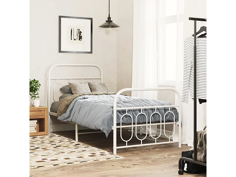 Cadre de lit métal sans matelas avec pied de lit blanc 80x200cm