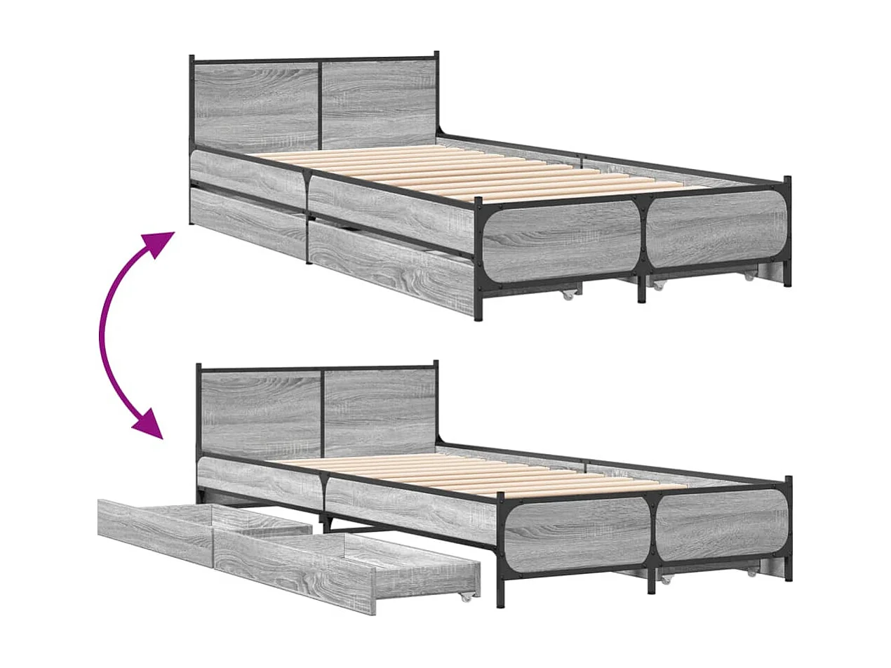 Cama con cajones madera de ingeniería gris Sonoma 75x190 cm