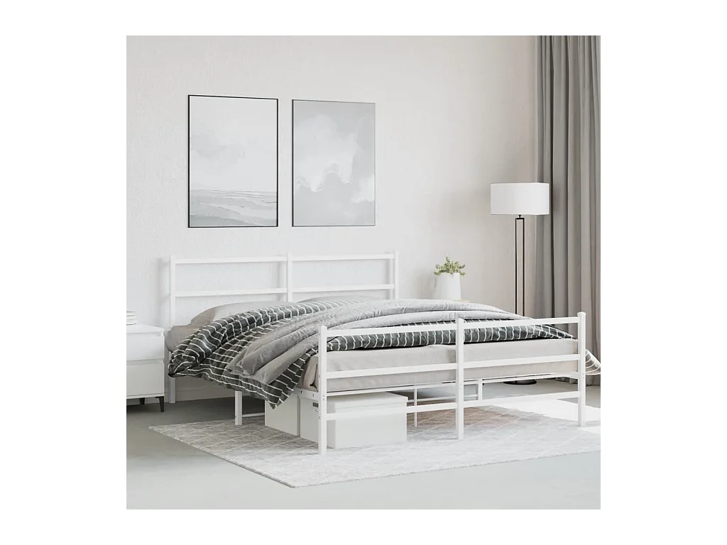 Cadre de lit métal sans matelas et pied de lit blanc 150x200 cm