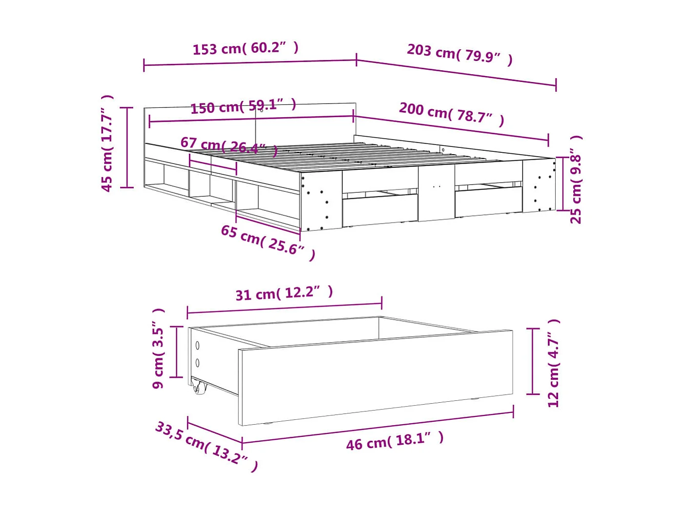 Cadre de lit avec tiroirs sans matelas chêne fumé 150x200 cm