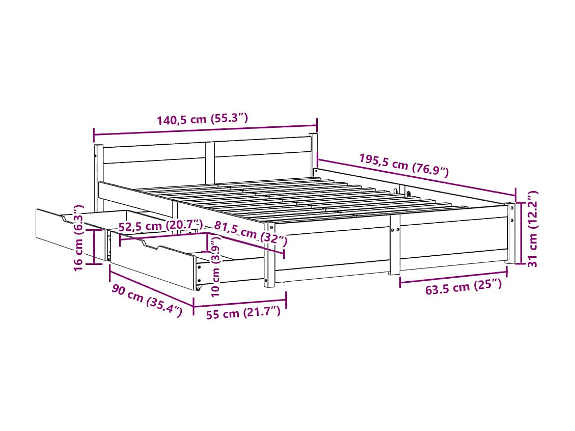 Cadre de lit sans matelas blanc 135x190 cm bois de pin massif