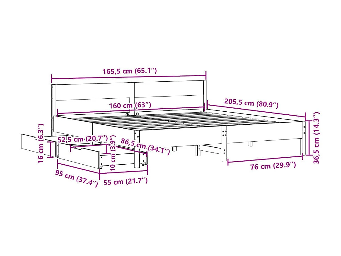 Cadre de lit sans matelas cire marron 120x190cm bois pin massif