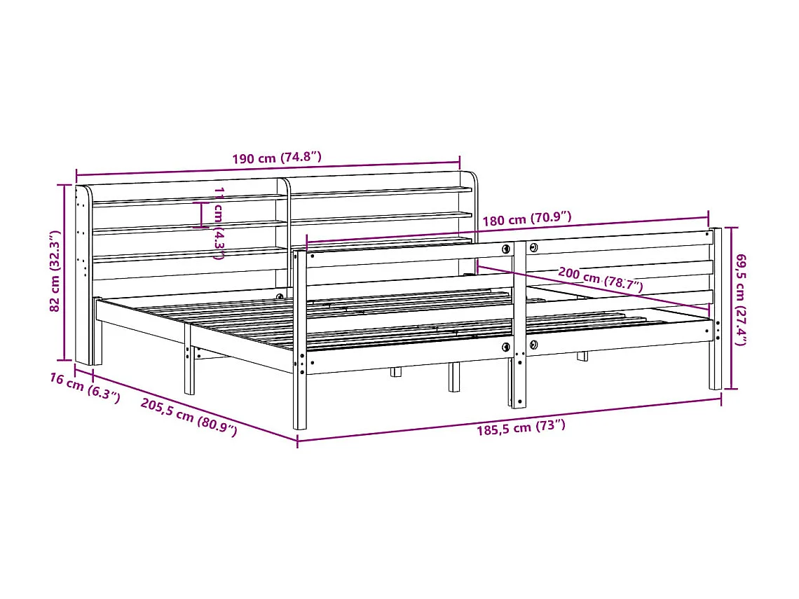 Cadre de lit sans matelas cire marron 180x200cm bois pin massif