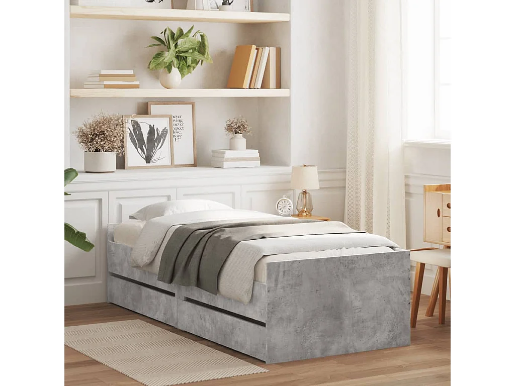 Cadre de lit avec tiroirs sans matelas gris béton 90x200 cm