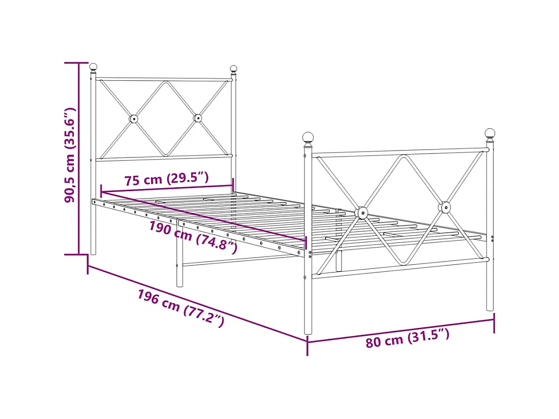 Bedframe met hoofd- en voeteneinde metaal wit 75x190 cm