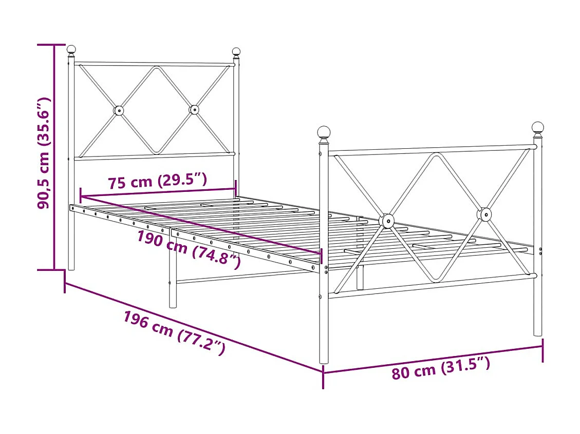 Bedframe met hoofd- en voeteneinde metaal wit 75x190 cm