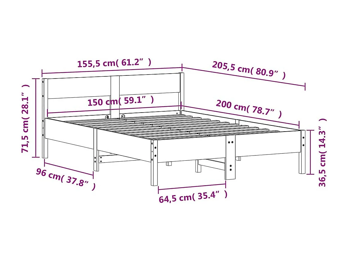 Bedframe zonder matras massief grenenhout 150x200 cm