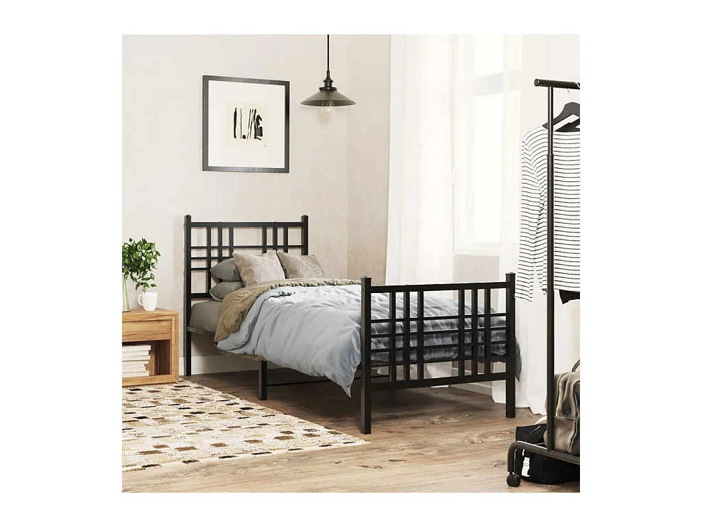 Cadre de lit métal sans matelas avec pied de lit noir 75x190 cm