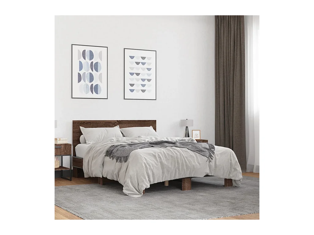 Estructura cama madera ingeniería metal marrón roble 120x200 cm
